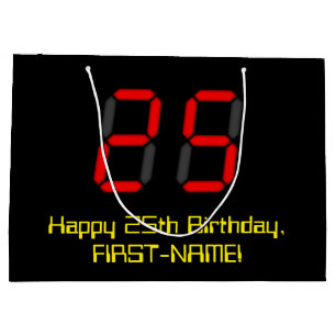 25th Birthday: Red Digital Clock Style "25" + Name Large Gift Bag