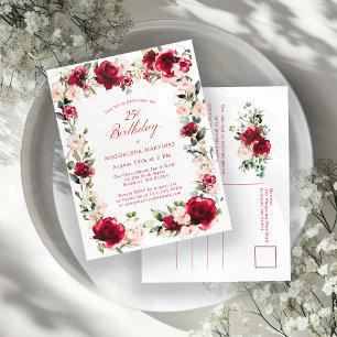 25th Birthday Red Rose Pink Peony Invitation Postcard