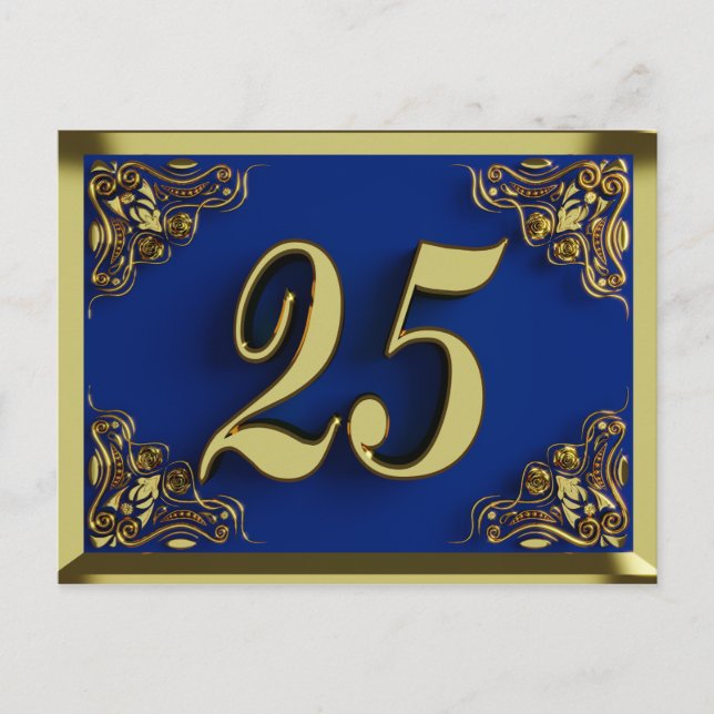 25th Birthday Regal Gold Blue Invitation Postcard (Front)