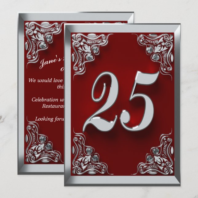 25th Birthday Regal Silver Red Greeting or Invitation (Front/Back)