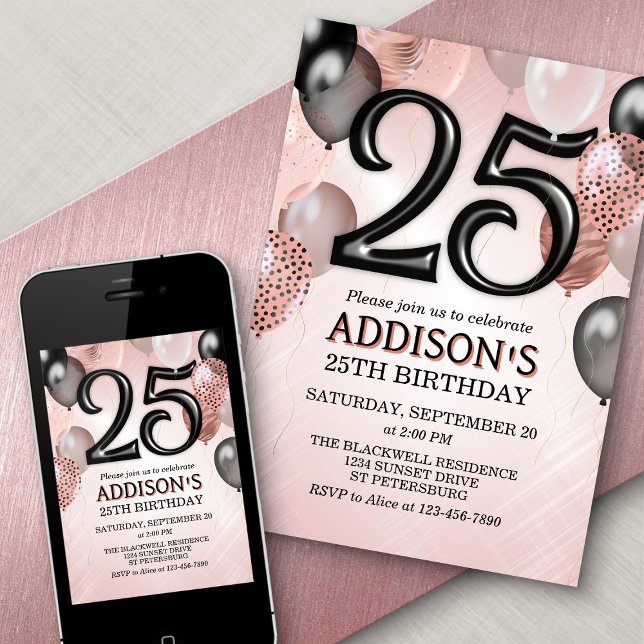 25th Birthday Rose Gold Balloons Invitation (Creator Uploaded)