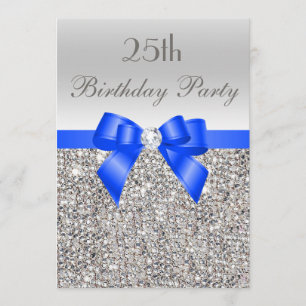 25th Birthday Silver Sequin Royal Blue Bow Diamond Invitation