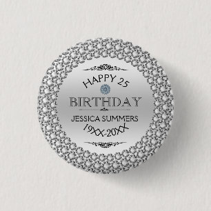 25th Birthday-Silver & White Diamonds Template 3 Cm Round Badge