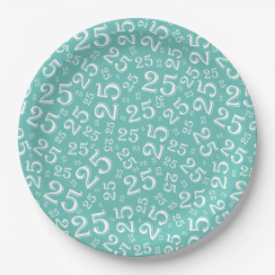 25th Birthday Teal Random Number Pattern 25 Paper Plate