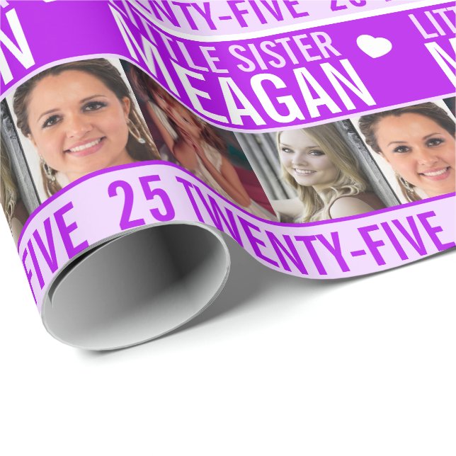 25th birthday three photos purple sister wrapping paper (Roll Corner)