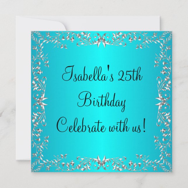 25th Birthday Turquoise & Silver Floral Metal Invitation (Front)