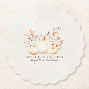25th Birthday White Pumpkin Fall Leaves Custom Paper Coaster