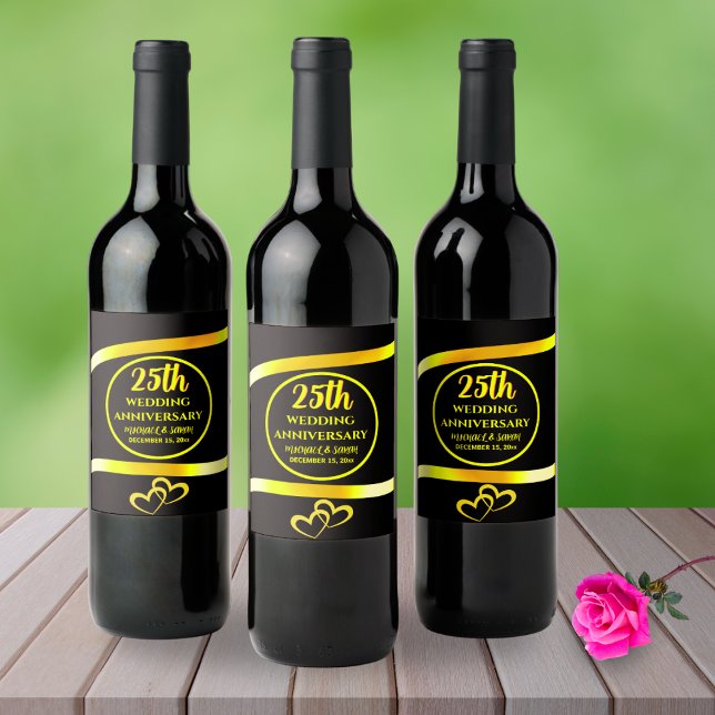  25th Black Gold Modern Wedding Anniversary Party Wine Label (Creator Uploaded)
