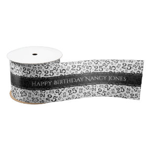 25th Black Happy Birthday Random Number Pattern 25 Satin Ribbon