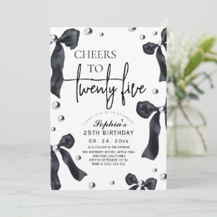 25th Black White Bow Birthday Party Invitation