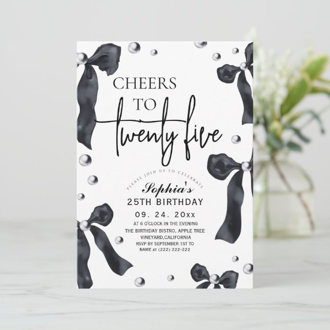 25th Black White Bow Birthday Party Invitation (Standing Front)