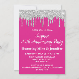25th Bright Pink Silver Surprise Anniversary Party Invitation