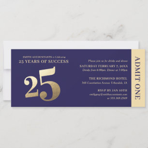 25th Business Anniversary Navy Gold Admit One Invitation