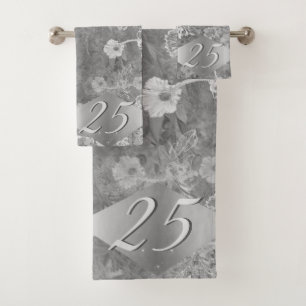 25th/Custom Anniversary Grey Floral Bath Towel Set