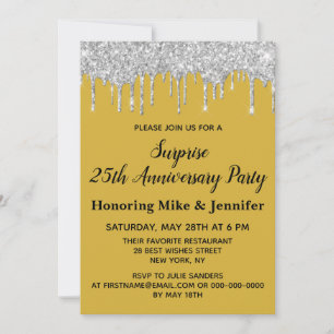 25th Gold Black Silver Surprise Anniversary Party Invitation