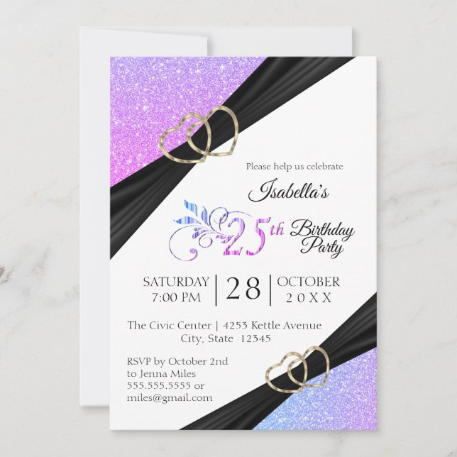 25th Multi Colour Glitter and Gold Heart Birthday Invitation (Front)