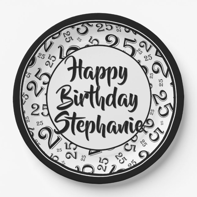 25th Party Random Number Pattern Black/White Paper Plate (Front)