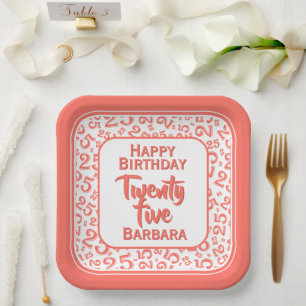 25th Party Random Number Pattern Coral/White Paper Plate