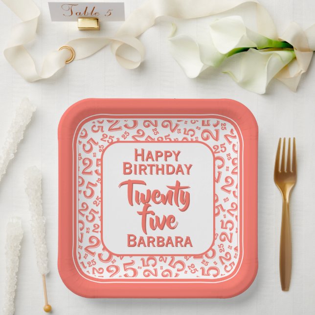 25th Party Random Number Pattern Coral/White Paper Plate (Wedding)