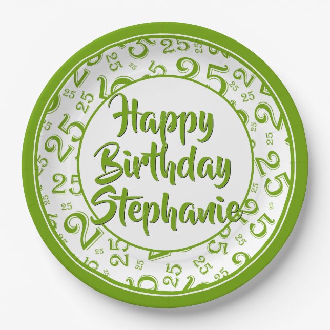 25th Party Random Number Pattern Green/White Paper Plate (Front)