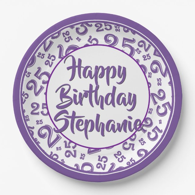 25th Party Random Number Pattern Purple/White Paper Plate (Front)