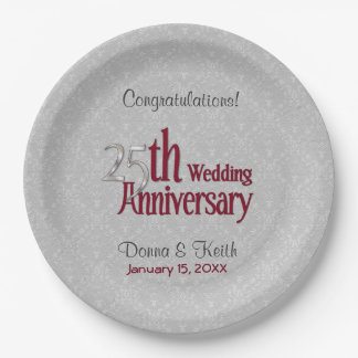 25th Silver and Burgundy Anniversary Paper Plates