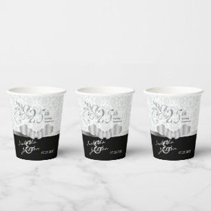 25th Silver and White Wedding Anniversary Paper Cups