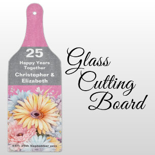 25th silver anniversary floral pink cutting board