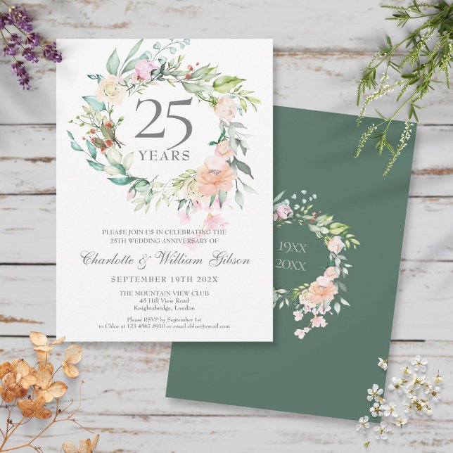 25th Silver Anniversary Floral Roses Garland  Invitation (Creator Uploaded)