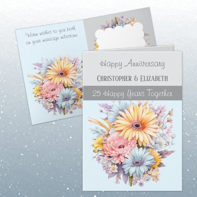25th Silver Anniversary flowers grey blue Card (Creator Uploaded)
