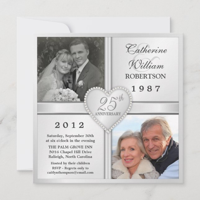 25th Silver Anniversary Heart Photo Invitations (Front)