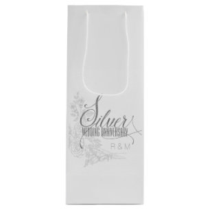 25th Silver Anniversary Initials and White Roses Wine Gift Bag