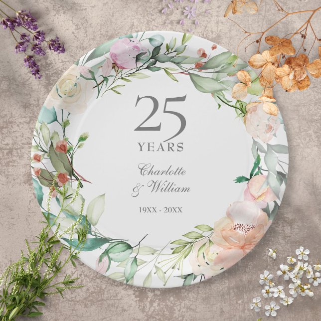 25th Silver Anniversary Roses Floral Greenery Paper Plate (Creator Uploaded)