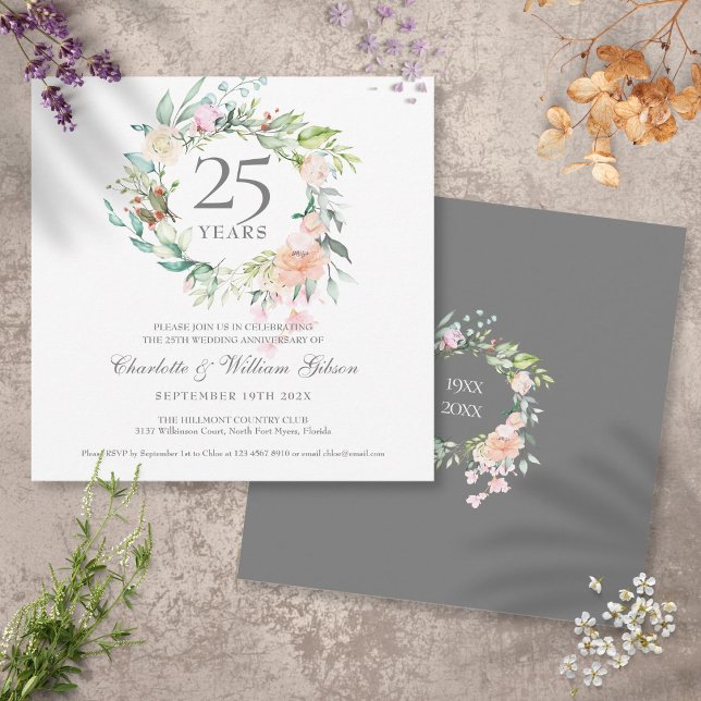 25th Silver Anniversary Roses Greenery Garland Invitation (Creator Uploaded)