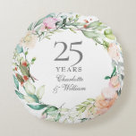 25th Silver Anniversary Roses Watercolor Floral Round Cushion<br><div class="desc">Featuring a delicate watercolour floral garland,  this chic botanical 25th wedding anniversary keepsake pillow can be personalised with your special anniversary information in elegant silver text. Designed by Thisisnotme©</div>