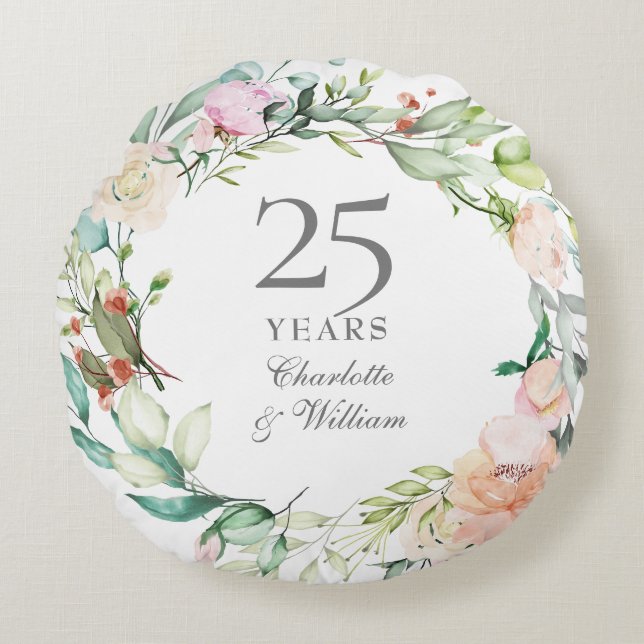 25th Silver Anniversary Roses Watercolor Floral Round Cushion (Front)