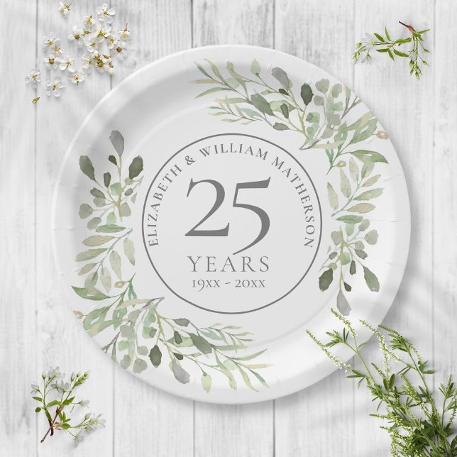 25th Silver Anniversary Watercolor Greenery Floral Paper Plate (Creator Uploaded)
