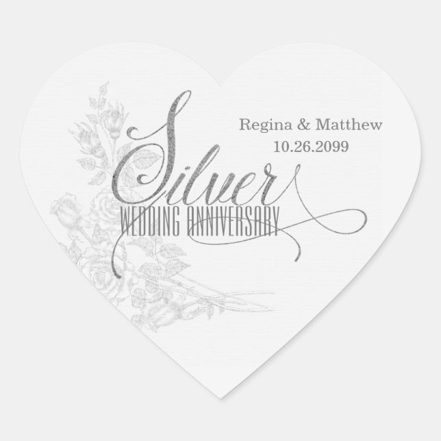 25th Silver Anniversary with Date and Initials Heart Sticker (Front)