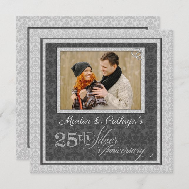 25th Silver Anniversary with Photo in Damask Invitation (Front/Back)