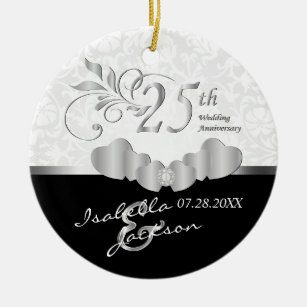 25th Silver, Black and White Wedding Anniversary Ceramic Tree Decoration