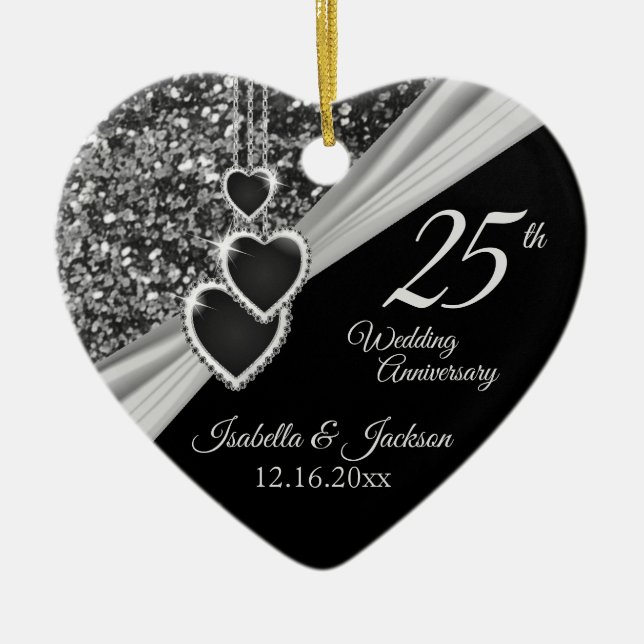 25th Silver Glitter Anniversary Ceramic Tree Decoration (Front)