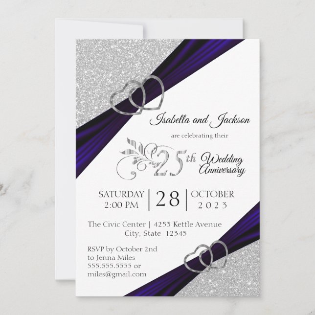 25th Silver Glitter Anniversary with Navy Blue Invitation (Front)