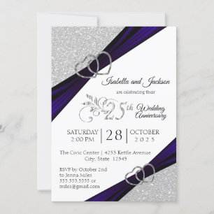 25th Silver Glitter Anniversary with Navy Blue Invitation