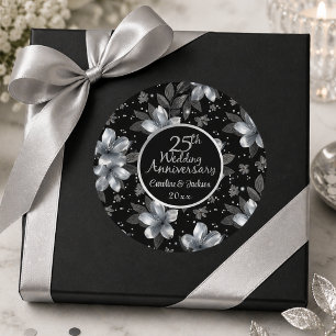 25th Silver Glitter Floral Wedding Anniversary Classic Round Sticker
