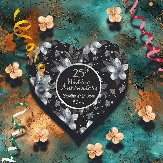 25th Silver Glitter Floral Wedding Anniversary  Heart Sticker (Creator Uploaded)