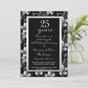 25th Silver Glitter Floral Wedding Anniversary Invitation