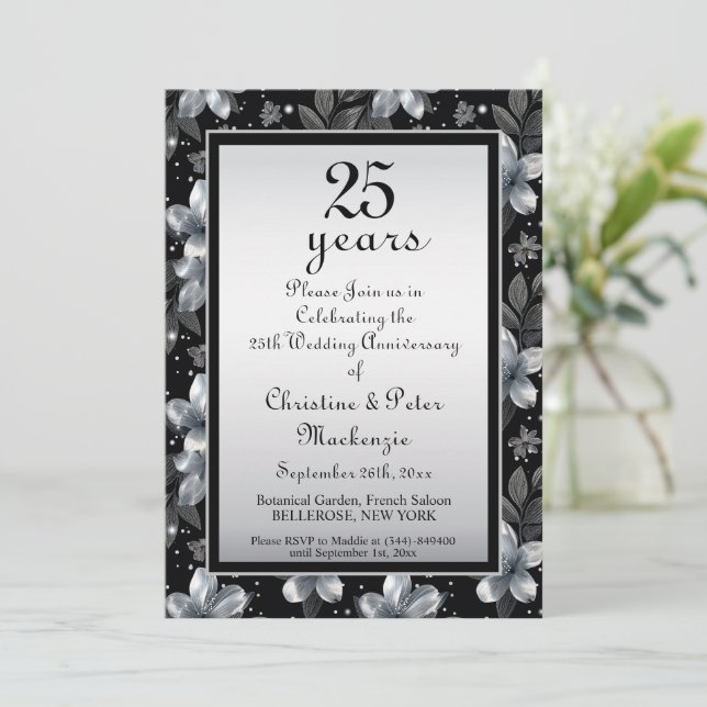 25th Silver Glitter Floral Wedding Anniversary Invitation (Standing Front)