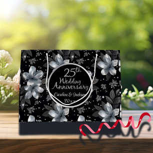 25th Silver Glitter Floral Wedding Anniversary  Large Gift Bag