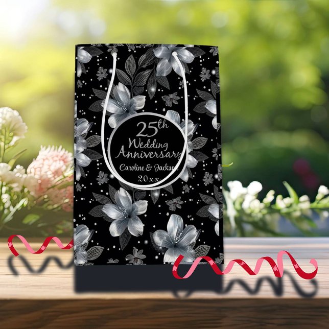 25th Silver Glitter Floral Wedding Anniversary  Medium Gift Bag (Creator Uploaded)
