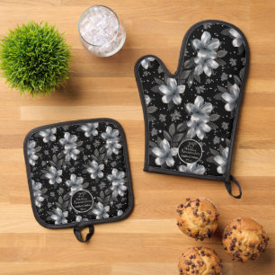 25th Silver Glitter Floral Wedding Anniversary Oven Mitt & Pot Holder Set